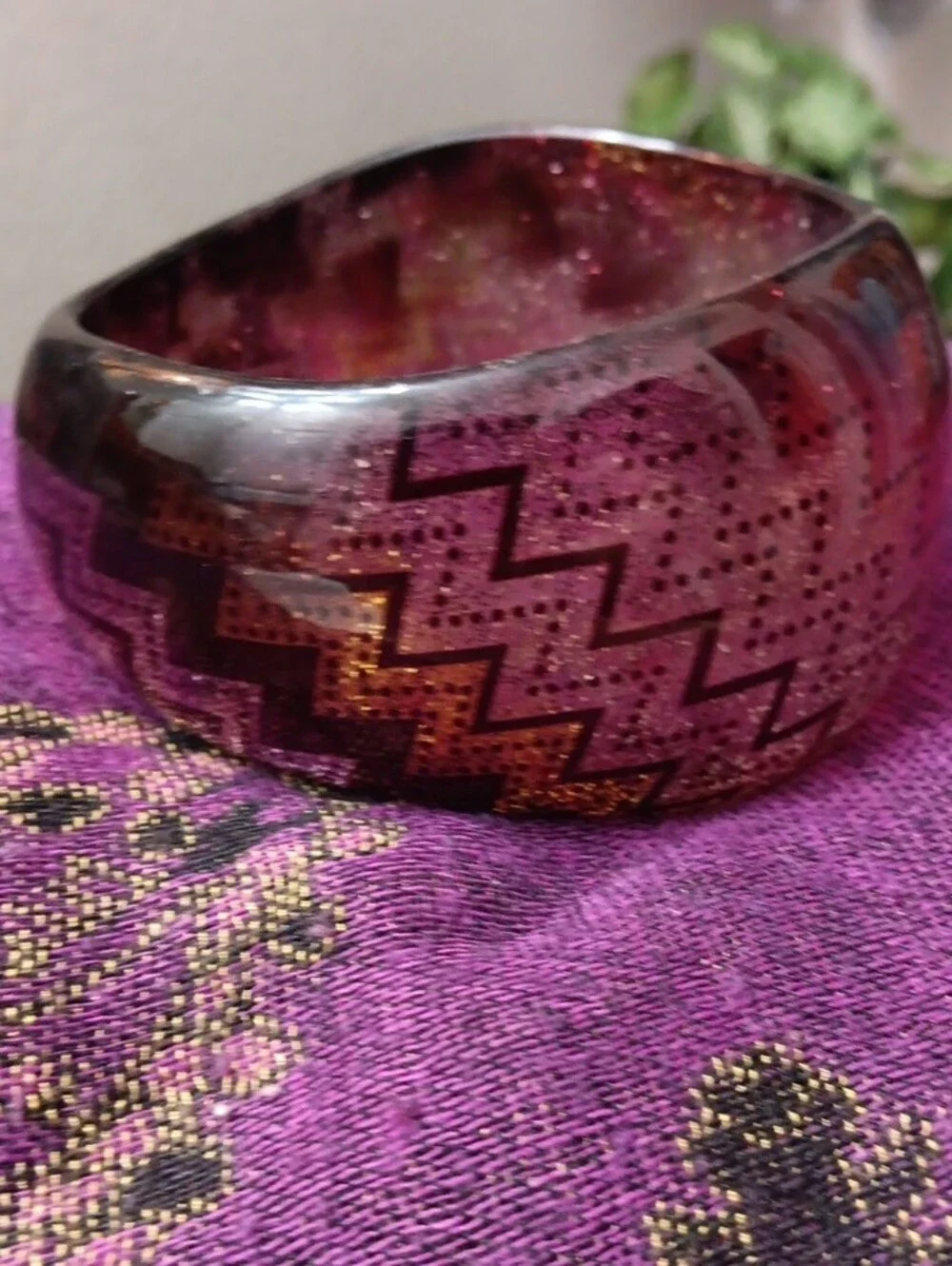 Wide Pink Patterned Resin Bangle Bracelet